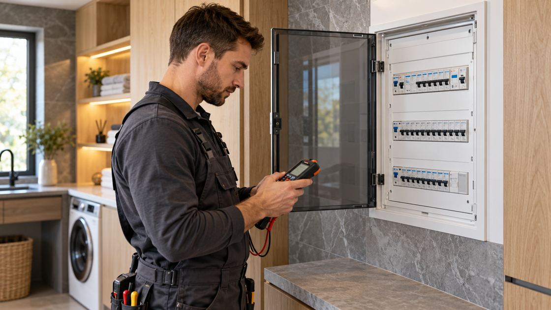 Elektryk kontrolujący rozdzielnicę domową