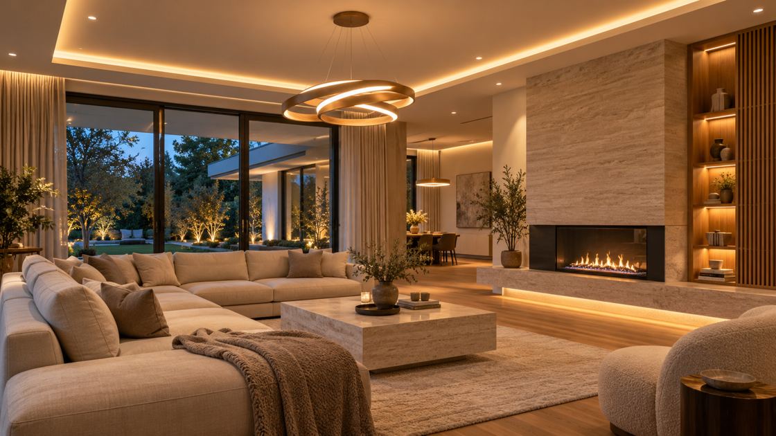 Elegancki salon z dyskretnym oświetleniem LED