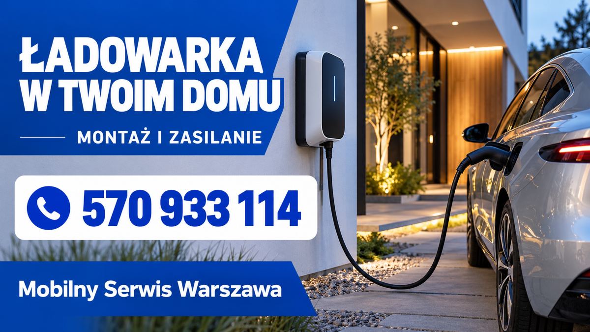 Ładowarka EV — niebieski plakat poziomy