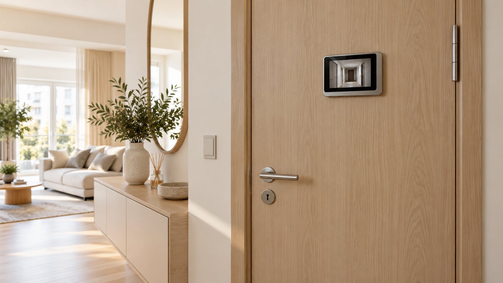 Dyskretny cyfrowy wizjer w jasnym apartamencie premium